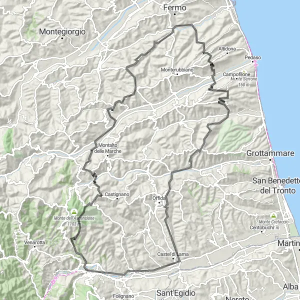 Miniature de la carte de l'inspiration cycliste "Itinéraire panoramique à travers les collines" dans la Marche, Italy. Générée par le planificateur d'itinéraire cycliste Tarmacs.app