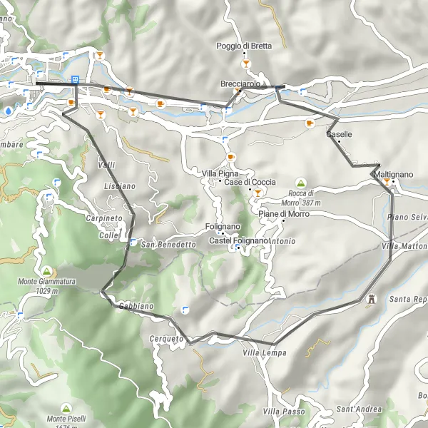 Map miniature of "Spectacular Road Ride to Monte Vena Rossa" cycling inspiration in Marche, Italy. Generated by Tarmacs.app cycling route planner