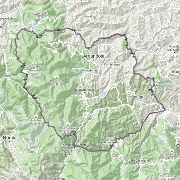 Map miniature of "Mountain Challenge: Castelluccio to Sarnano" cycling inspiration in Marche, Italy. Generated by Tarmacs.app cycling route planner