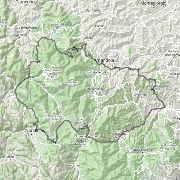 Miniatura della mappa di ispirazione al ciclismo "Sfida su Strada nei Monti Sibillini" nella regione di Marche, Italy. Generata da Tarmacs.app, pianificatore di rotte ciclistiche