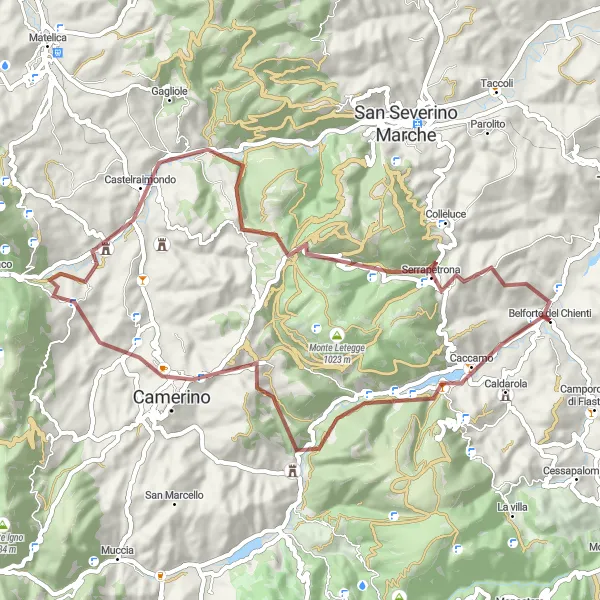 Miniatura della mappa di ispirazione al ciclismo "Esplorazione in bicicletta tra Pievefavera e Serrapetrona" nella regione di Marche, Italy. Generata da Tarmacs.app, pianificatore di rotte ciclistiche