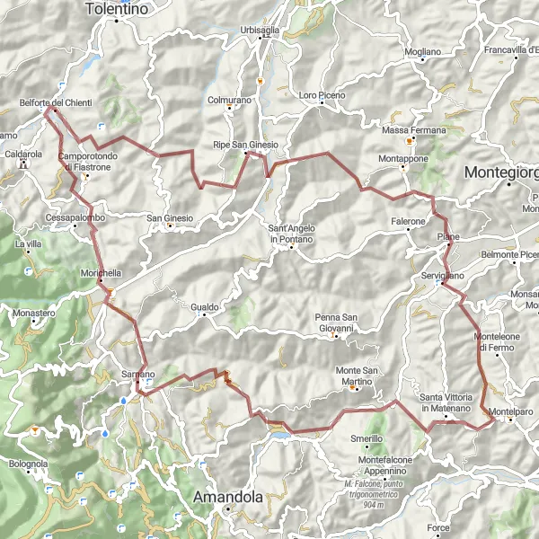 Miniatura della mappa di ispirazione al ciclismo "Tour delle colline del Maceratese in bicicletta da Belforte del Chienti" nella regione di Marche, Italy. Generata da Tarmacs.app, pianificatore di rotte ciclistiche