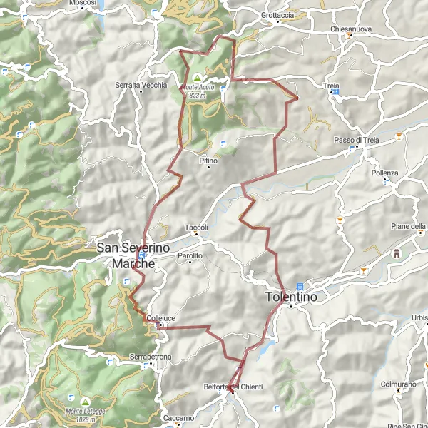 Miniature de la carte de l'inspiration cycliste "Exploration de San Severino Marche" dans la Marche, Italy. Générée par le planificateur d'itinéraire cycliste Tarmacs.app