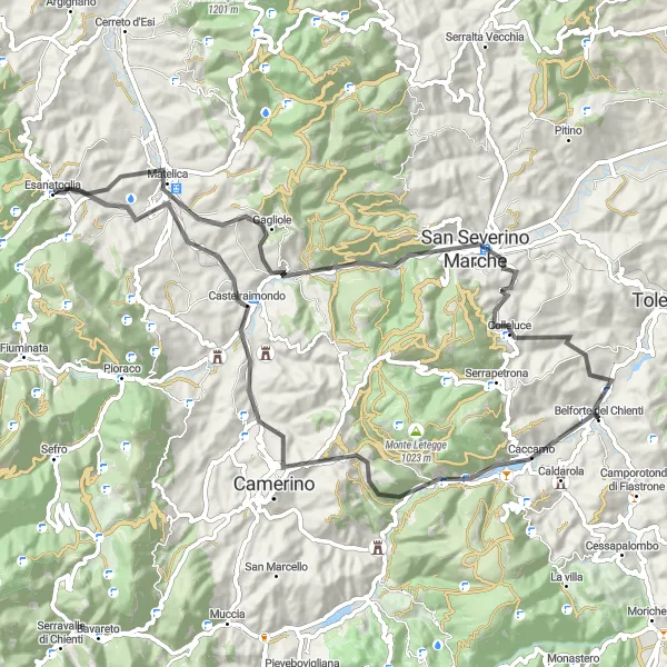 Miniatura della mappa di ispirazione al ciclismo "Passeggiata in bicicletta tra Camerino e Gagliole" nella regione di Marche, Italy. Generata da Tarmacs.app, pianificatore di rotte ciclistiche