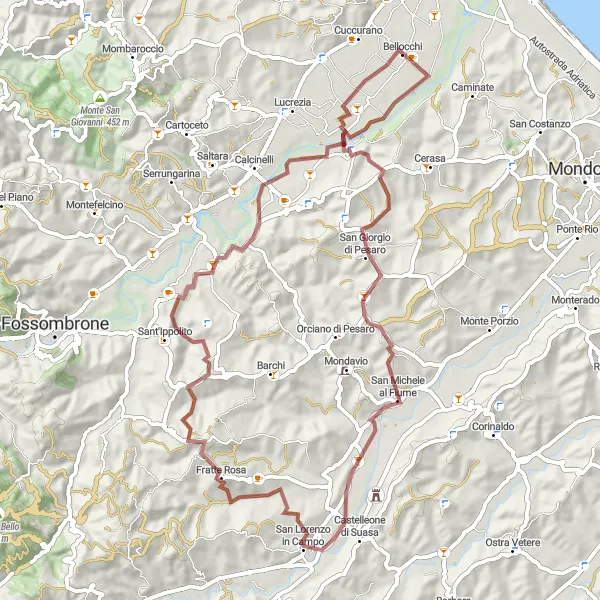 Map miniature of "Rolling Hills Gravel Adventure" cycling inspiration in Marche, Italy. Generated by Tarmacs.app cycling route planner