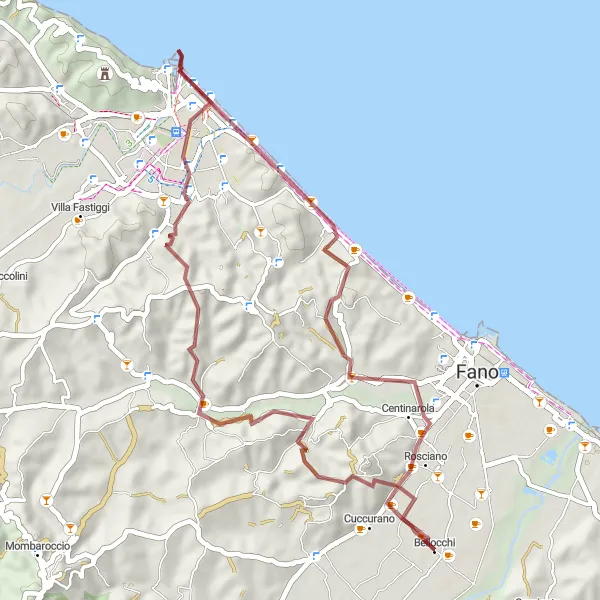 Karten-Miniaturansicht der Radinspiration "Entdecken Sie Belgatto und Pesaro auf einer 46 km langen Schotterstrecke" in Marche, Italy. Erstellt vom Tarmacs.app-Routenplaner für Radtouren