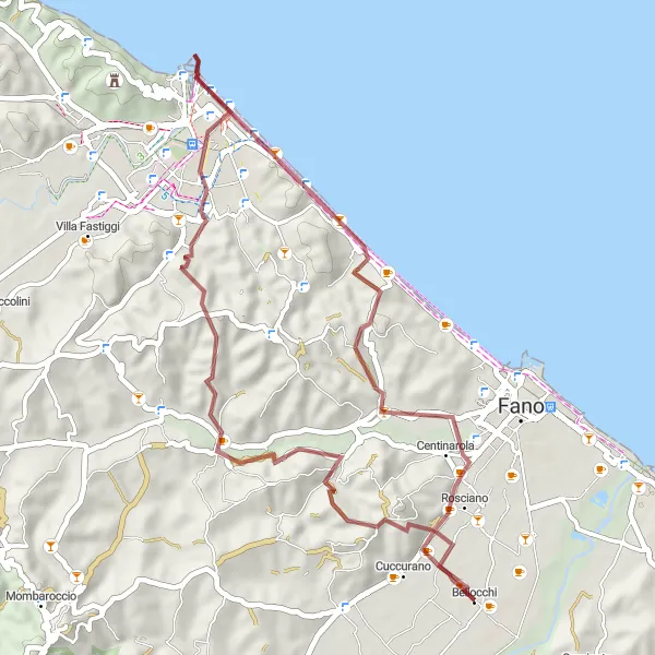 Miniatura della mappa di ispirazione al ciclismo "Ciclismo attraverso Belgatto e Pesaro" nella regione di Marche, Italy. Generata da Tarmacs.app, pianificatore di rotte ciclistiche