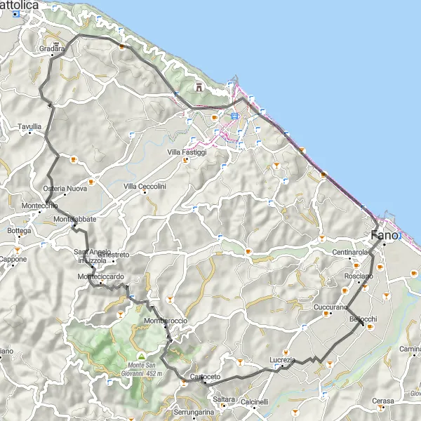 Miniatura della mappa di ispirazione al ciclismo "Un viaggio stradale tra Cartoceto e Fano" nella regione di Marche, Italy. Generata da Tarmacs.app, pianificatore di rotte ciclistiche