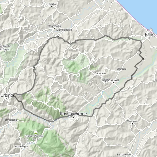 Map miniature of "The Great Marche Challenge" cycling inspiration in Marche, Italy. Generated by Tarmacs.app cycling route planner