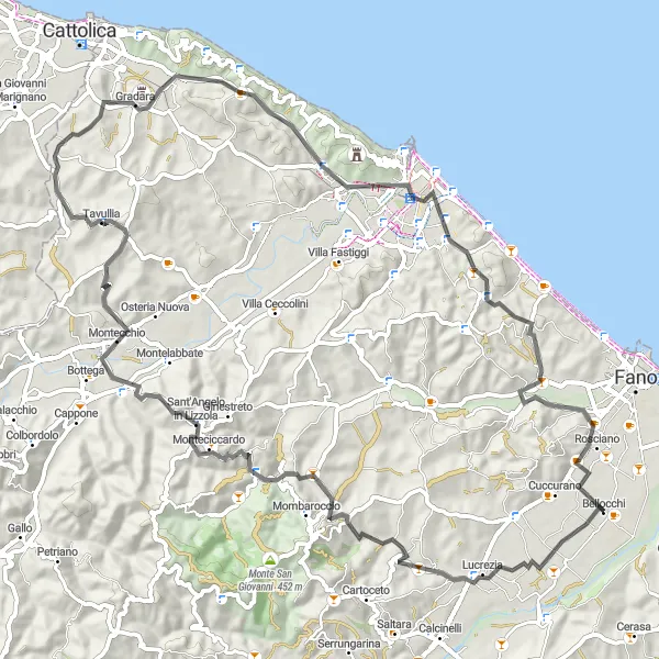 Miniatura della mappa di ispirazione al ciclismo "Emozionante percorso da Sant'Angelo in Lizzola a Centinarola" nella regione di Marche, Italy. Generata da Tarmacs.app, pianificatore di rotte ciclistiche