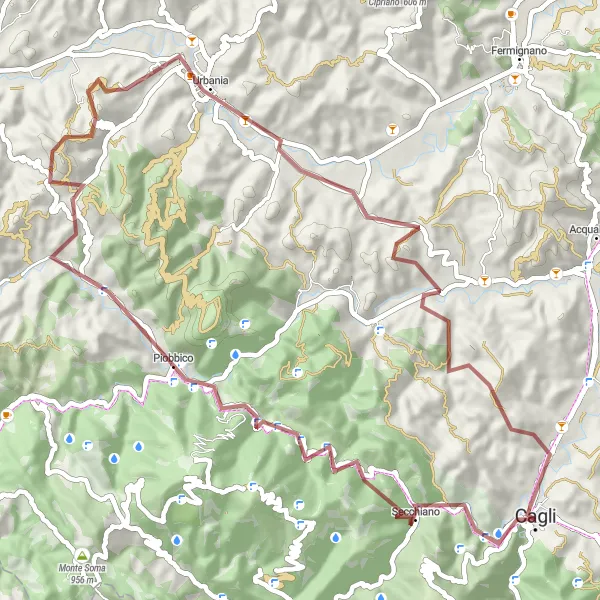 Miniatura della mappa di ispirazione al ciclismo "Passeggiata in bicicletta verso Urbania" nella regione di Marche, Italy. Generata da Tarmacs.app, pianificatore di rotte ciclistiche