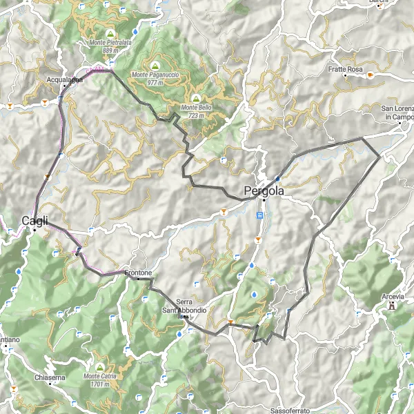 Miniatura della mappa di ispirazione al ciclismo "Percorso in bicicletta da Cagli a Frontone" nella regione di Marche, Italy. Generata da Tarmacs.app, pianificatore di rotte ciclistiche