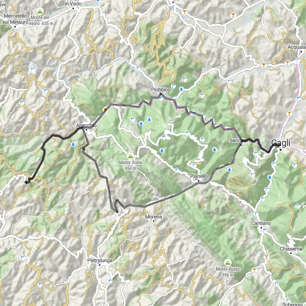 Karten-Miniaturansicht der Radinspiration "Herausfordernde Bergtour um Cagli" in Marche, Italy. Erstellt vom Tarmacs.app-Routenplaner für Radtouren