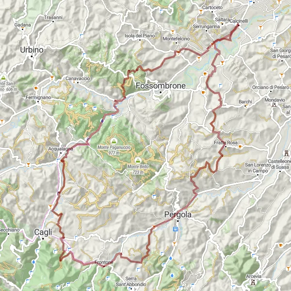 Map miniature of "Calcinelli - Pergola - Frontone - Monte Mezzano - Galleria romana del Furlo - Monte Bianco" cycling inspiration in Marche, Italy. Generated by Tarmacs.app cycling route planner