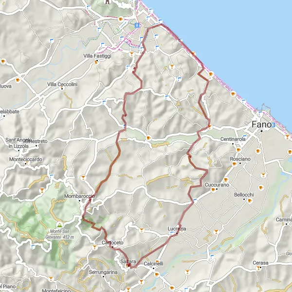 Map miniature of "Calcinelli - Cartoceto - Santa Veneranda - Fenile - Saltara" cycling inspiration in Marche, Italy. Generated by Tarmacs.app cycling route planner