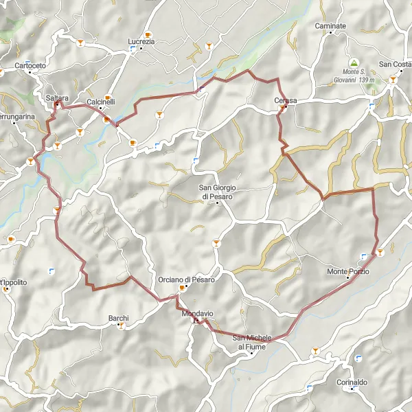 Miniatura della mappa di ispirazione al ciclismo "Gravel Calcinelli - Rocca Roveresca" nella regione di Marche, Italy. Generata da Tarmacs.app, pianificatore di rotte ciclistiche