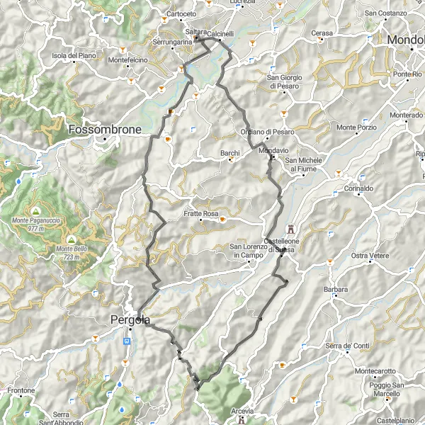 Miniatura della mappa di ispirazione al ciclismo "Road Rocca Roveresca - Pergola" nella regione di Marche, Italy. Generata da Tarmacs.app, pianificatore di rotte ciclistiche