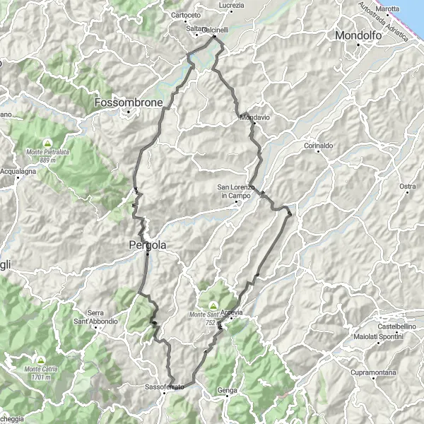 Map miniature of "Calcinelli - Mulino ad Olio - Catobagli - Pergola - Monte della Serra" cycling inspiration in Marche, Italy. Generated by Tarmacs.app cycling route planner