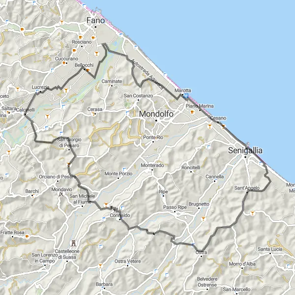 Miniature de la carte de l'inspiration cycliste "La Route des charmants villages" dans la Marche, Italy. Générée par le planificateur d'itinéraire cycliste Tarmacs.app