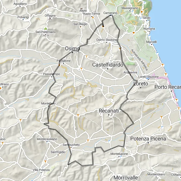 Miniature de la carte de l'inspiration cycliste "Les Collines de l'Adriatique" dans la Marche, Italy. Générée par le planificateur d'itinéraire cycliste Tarmacs.app