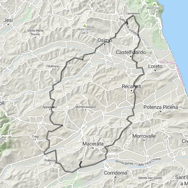 Miniatura della mappa di ispirazione al ciclismo "Avventura ciclistica da Camerano a Osimo" nella regione di Marche, Italy. Generata da Tarmacs.app, pianificatore di rotte ciclistiche