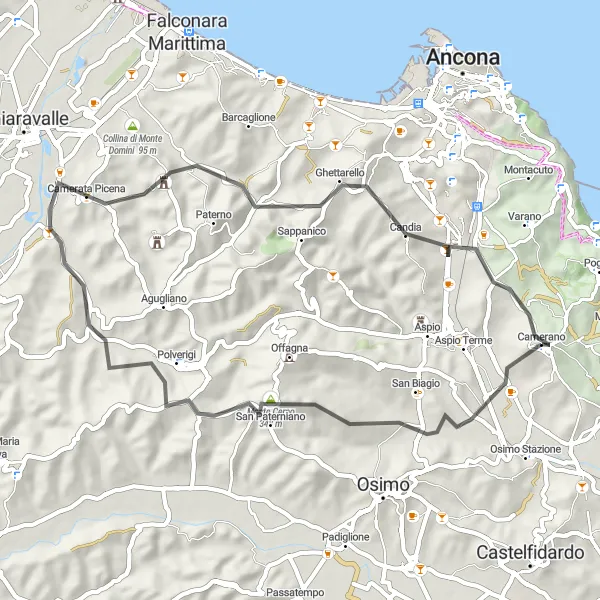 Miniatura della mappa di ispirazione al ciclismo "Percorso circolare da Camerano a Candia" nella regione di Marche, Italy. Generata da Tarmacs.app, pianificatore di rotte ciclistiche