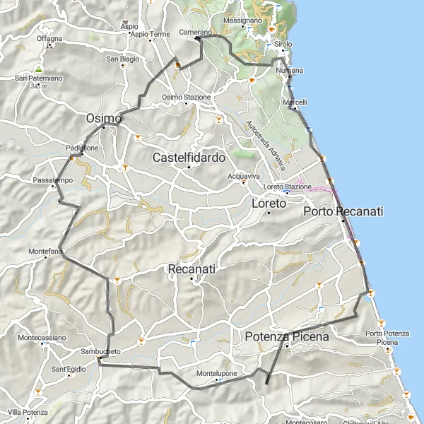 Miniatura della mappa di ispirazione al ciclismo "Giro in bicicletta a Sirolo e dintorni" nella regione di Marche, Italy. Generata da Tarmacs.app, pianificatore di rotte ciclistiche