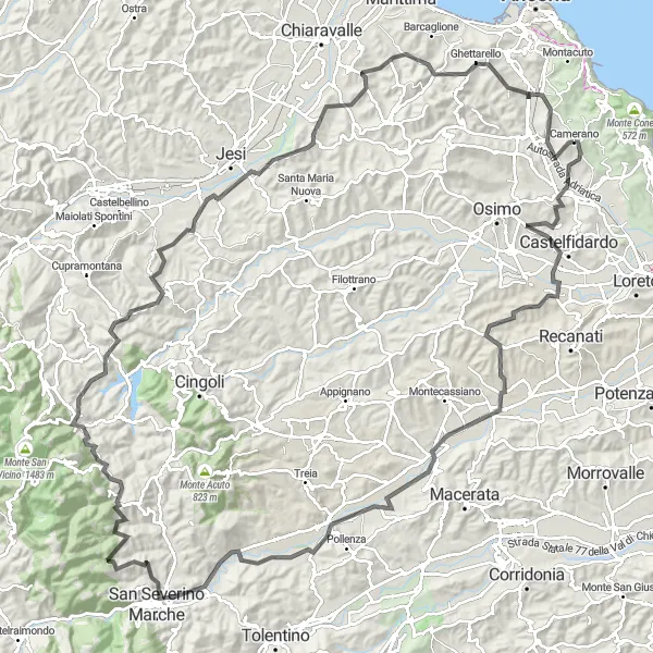Miniature de la carte de l'inspiration cycliste "Exploration des Marches" dans la Marche, Italy. Générée par le planificateur d'itinéraire cycliste Tarmacs.app