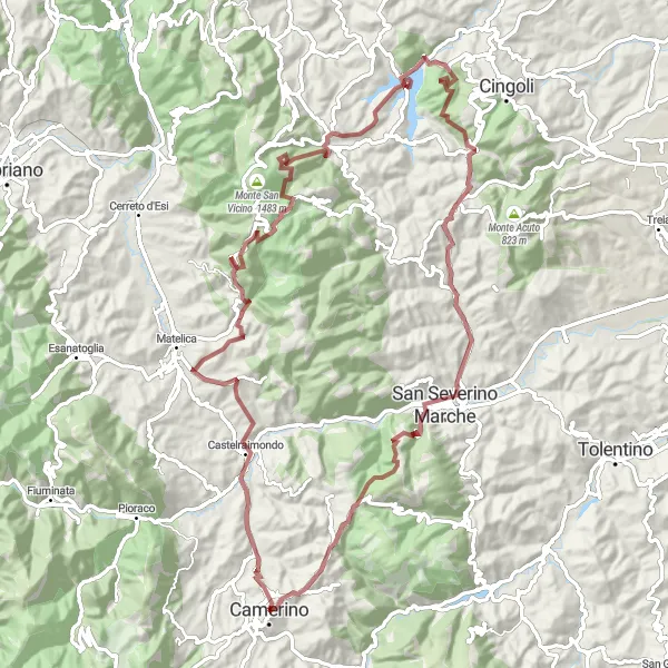 Miniatuurkaart van de fietsinspiratie "Gravelavontuur rond Camerino" in Marche, Italy. Gemaakt door de Tarmacs.app fietsrouteplanner