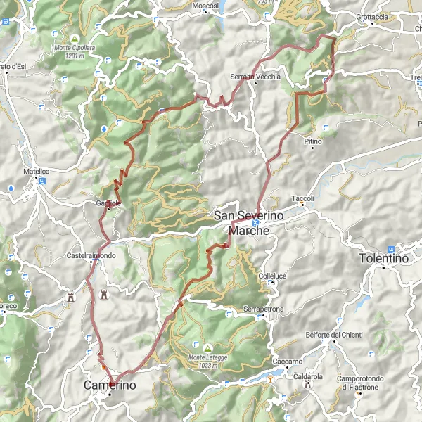 Karten-Miniaturansicht der Radinspiration "Gagliole und Monte Le Cese Gravel-Tour" in Marche, Italy. Erstellt vom Tarmacs.app-Routenplaner für Radtouren