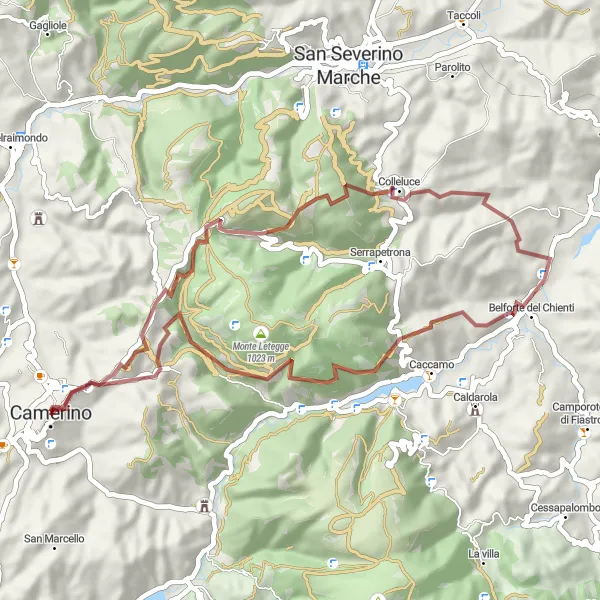 Miniatura della mappa di ispirazione al ciclismo "Gravel tra Belforte del Chienti e Cappuccini" nella regione di Marche, Italy. Generata da Tarmacs.app, pianificatore di rotte ciclistiche
