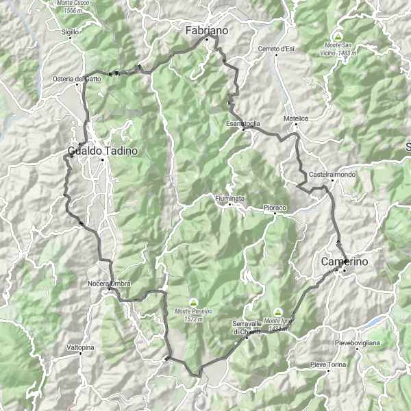 Miniatura della mappa di ispirazione al ciclismo "Avventura ciclistica attraverso i Parco Nazionale dei Monti Sibillini" nella regione di Marche, Italy. Generata da Tarmacs.app, pianificatore di rotte ciclistiche