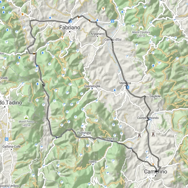 Miniatura della mappa di ispirazione al ciclismo "Giro in bicicletta da Camerino a Belvedere San Venanzio" nella regione di Marche, Italy. Generata da Tarmacs.app, pianificatore di rotte ciclistiche