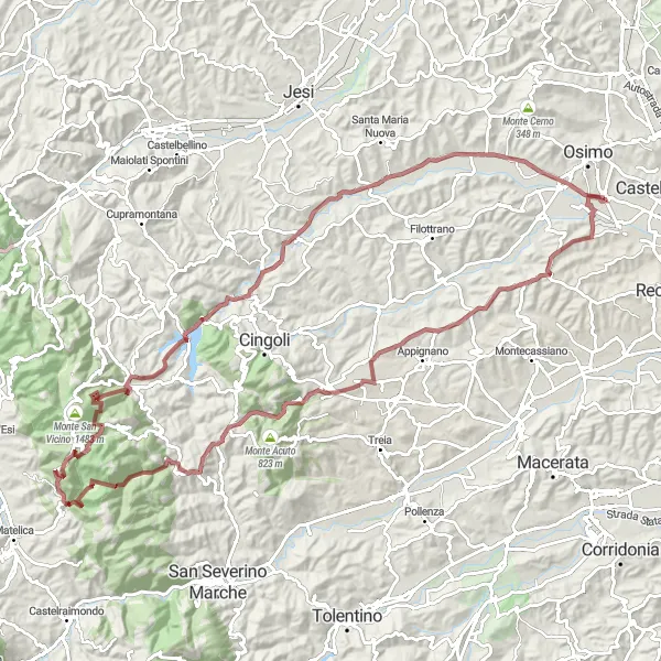 Map miniature of "The Gravel Adventure through Montefano and Monte Mondubbio" cycling inspiration in Marche, Italy. Generated by Tarmacs.app cycling route planner