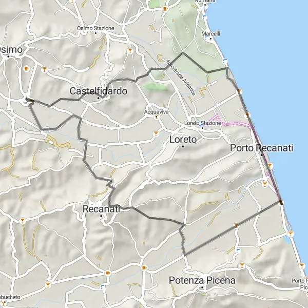 Map miniature of "Castelfidardo - Castello Svevo - Recanati - Campocavallo" cycling inspiration in Marche, Italy. Generated by Tarmacs.app cycling route planner