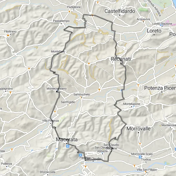 Miniatura della mappa di ispirazione al ciclismo "Avventura in bicicletta da Recanati a Montefano" nella regione di Marche, Italy. Generata da Tarmacs.app, pianificatore di rotte ciclistiche