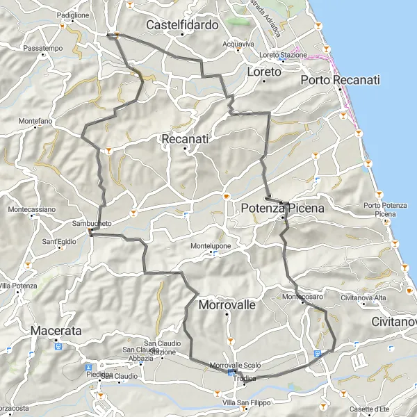 Miniatura della mappa di ispirazione al ciclismo "Giro in bicicletta con vista su Monte Conero e Montecosaro" nella regione di Marche, Italy. Generata da Tarmacs.app, pianificatore di rotte ciclistiche