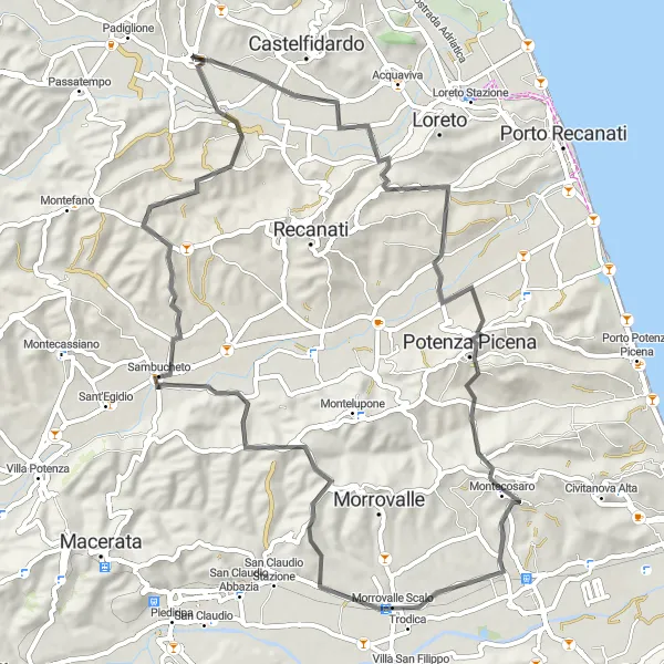 Map miniature of "Scenic Beauty of Conero and Montecosaro" cycling inspiration in Marche, Italy. Generated by Tarmacs.app cycling route planner