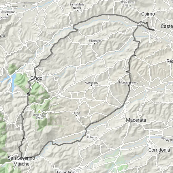 Miniatura della mappa di ispirazione al ciclismo "Tour in bicicletta tra Montecassiano e il Balcone delle Marche" nella regione di Marche, Italy. Generata da Tarmacs.app, pianificatore di rotte ciclistiche