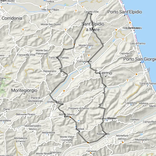 Map miniature of "Casette d'Ete - Torre San Patrizio" cycling inspiration in Marche, Italy. Generated by Tarmacs.app cycling route planner