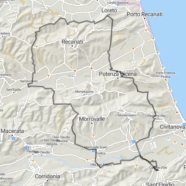 Miniatura della mappa di ispirazione al ciclismo "Tour costiero della Riviera Adriatica" nella regione di Marche, Italy. Generata da Tarmacs.app, pianificatore di rotte ciclistiche