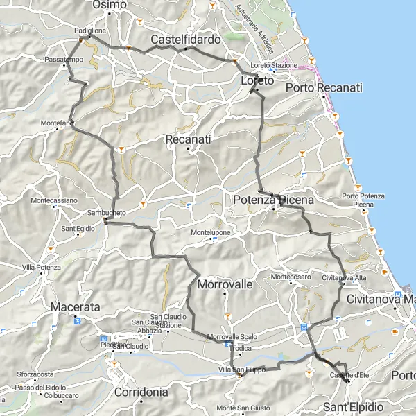 Map miniature of "Casette d'Ete - Villa San Filippo" cycling inspiration in Marche, Italy. Generated by Tarmacs.app cycling route planner