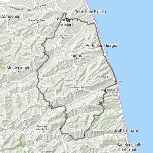 Miniatuurkaart van de fietsinspiratie "Avontuurlijke rit door het binnenland" in Marche, Italy. Gemaakt door de Tarmacs.app fietsrouteplanner