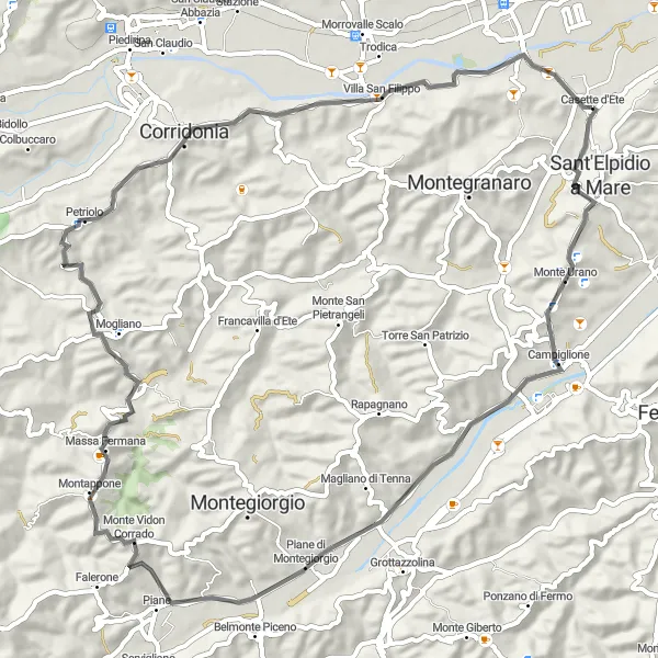 Miniatura della mappa di ispirazione al ciclismo "Tour panoramico tra collina e mare" nella regione di Marche, Italy. Generata da Tarmacs.app, pianificatore di rotte ciclistiche