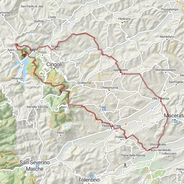 Miniatuurkaart van de fietsinspiratie "Gravelpad naar Appignano" in Marche, Italy. Gemaakt door de Tarmacs.app fietsrouteplanner