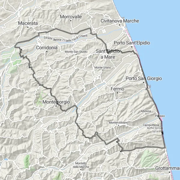 Miniatura della mappa di ispirazione al ciclismo "Avventura ciclistica tra Sant'Elpidio a Mare, Porto San Giorgio, Pedaso, Monte Vidon Combatte, Montegiorgio e Mogliano" nella regione di Marche, Italy. Generata da Tarmacs.app, pianificatore di rotte ciclistiche