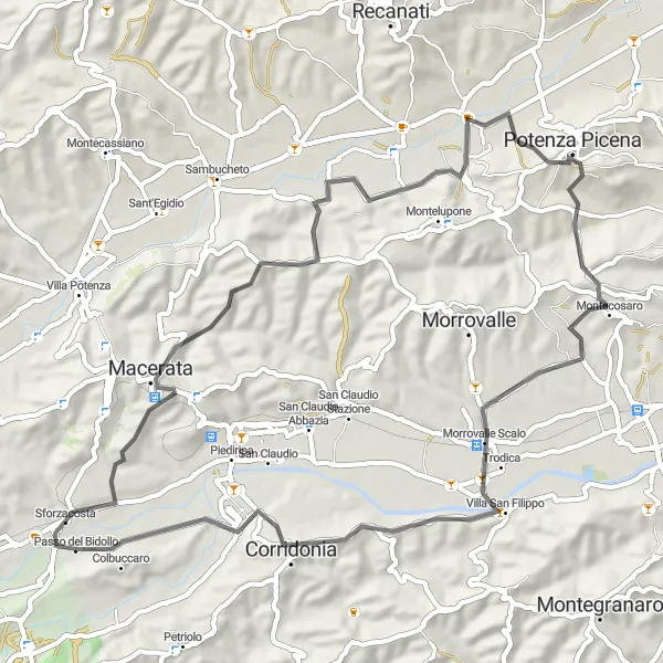 Karten-Miniaturansicht der Radinspiration "Kurvenreiche Genusstour durch die Hügellandschaft" in Marche, Italy. Erstellt vom Tarmacs.app-Routenplaner für Radtouren