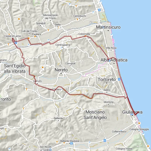 Miniatura della mappa di ispirazione al ciclismo "Percorso in gravel da Castel di Lama ad Ancarano" nella regione di Marche, Italy. Generata da Tarmacs.app, pianificatore di rotte ciclistiche
