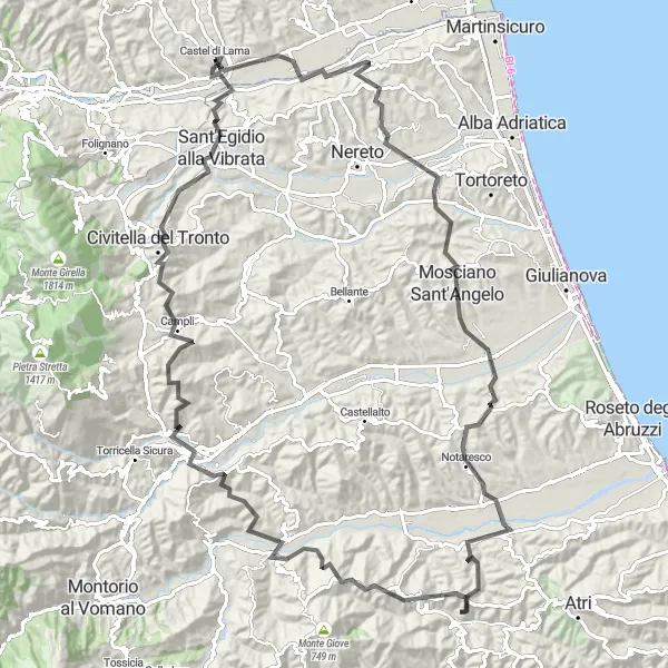 Miniature de la carte de l'inspiration cycliste "Tour panoramique de Castel di Lama" dans la Marche, Italy. Générée par le planificateur d'itinéraire cycliste Tarmacs.app