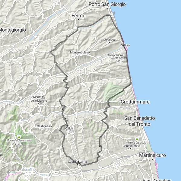 Map miniature of "Exploring the Medieval Villages" cycling inspiration in Marche, Italy. Generated by Tarmacs.app cycling route planner